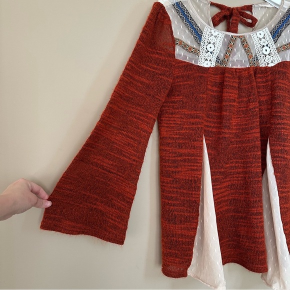 Ryu M/L Boho Sweater Bell Sleeve Cottagecore Hippie Mixed Media Artsy Rust Orang - Picture 3 of 15